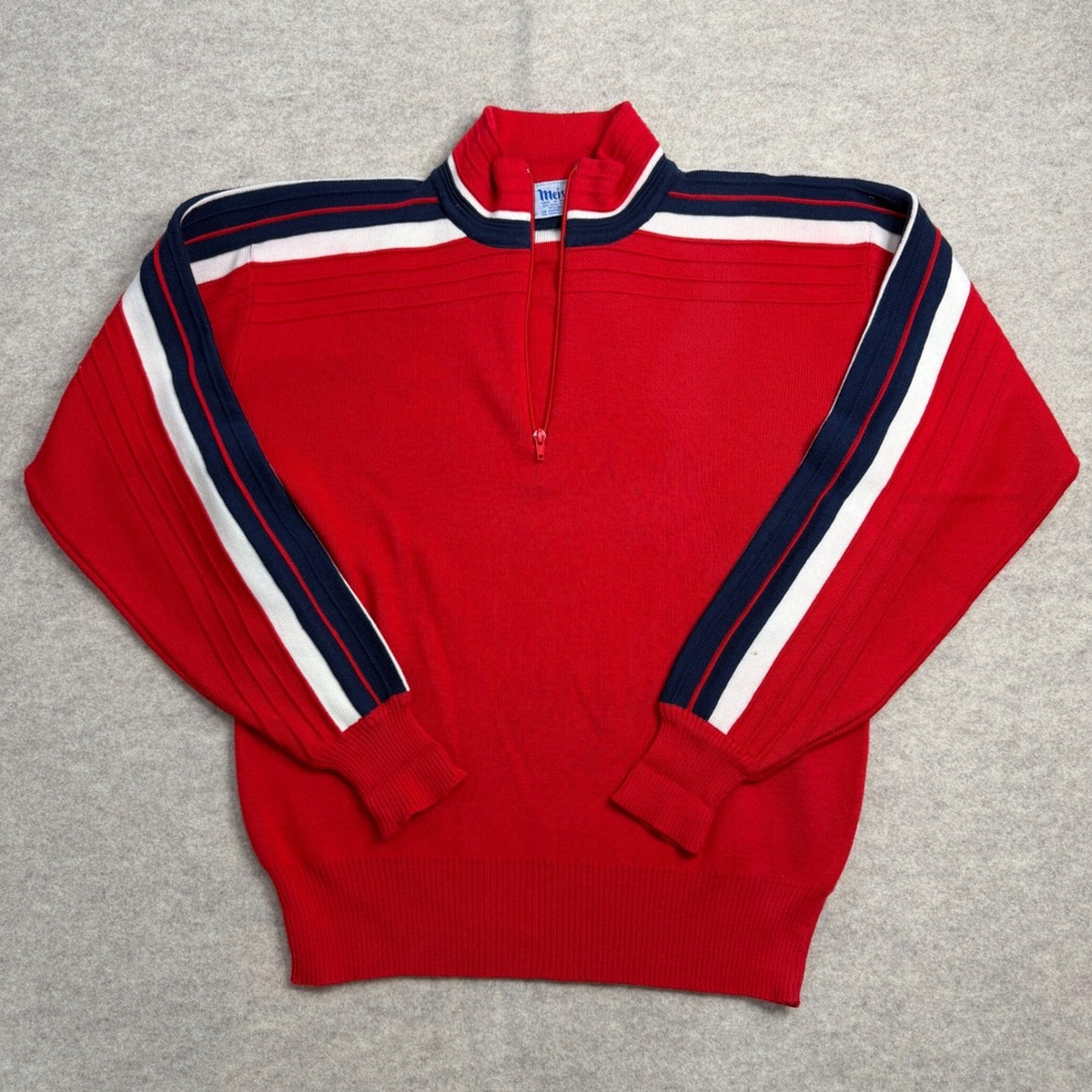 Vintage Meister Ski Sweater Red Navy White Stripe Wool Blend Quarter Zip Mens XL